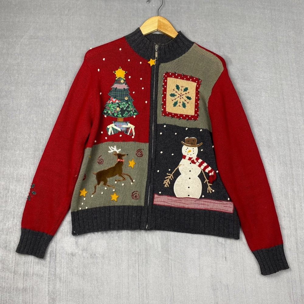Vtg Karen Scott Sport Womens‎ Cardigan Size L Patchwork Ugly Christmas Sweater